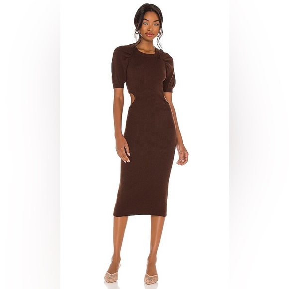LPA Clementine Cutout Midi Dress Small Rib Knit Puff Sleeve Chocolate Brown - Picture 1 of 7